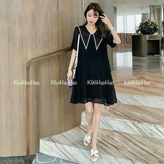 Tkutrang_váy bầu hàn quốc voan hàn đầm bầu dập ly cổ nhọn siêu xinh