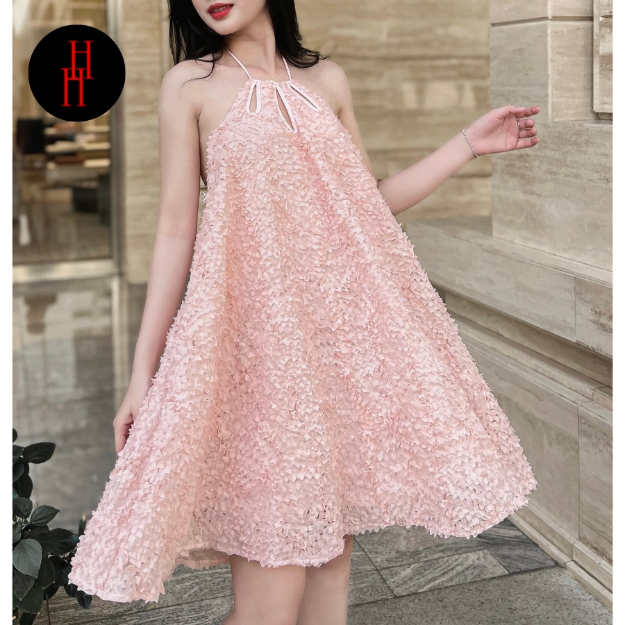 Đầm babydoll HDT303 cổ yếm hở lưng màu hồng Hỉn Hỉn Store