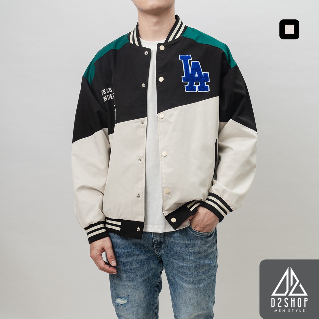 Áo khoác nam D2shop, áo khoác dù bomber phối 2 màu, vải dù, thêu chữ LA, màu đen kem [K-1638]