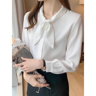Áo sơ mi lụa cổ nơ phối màu thiết kế