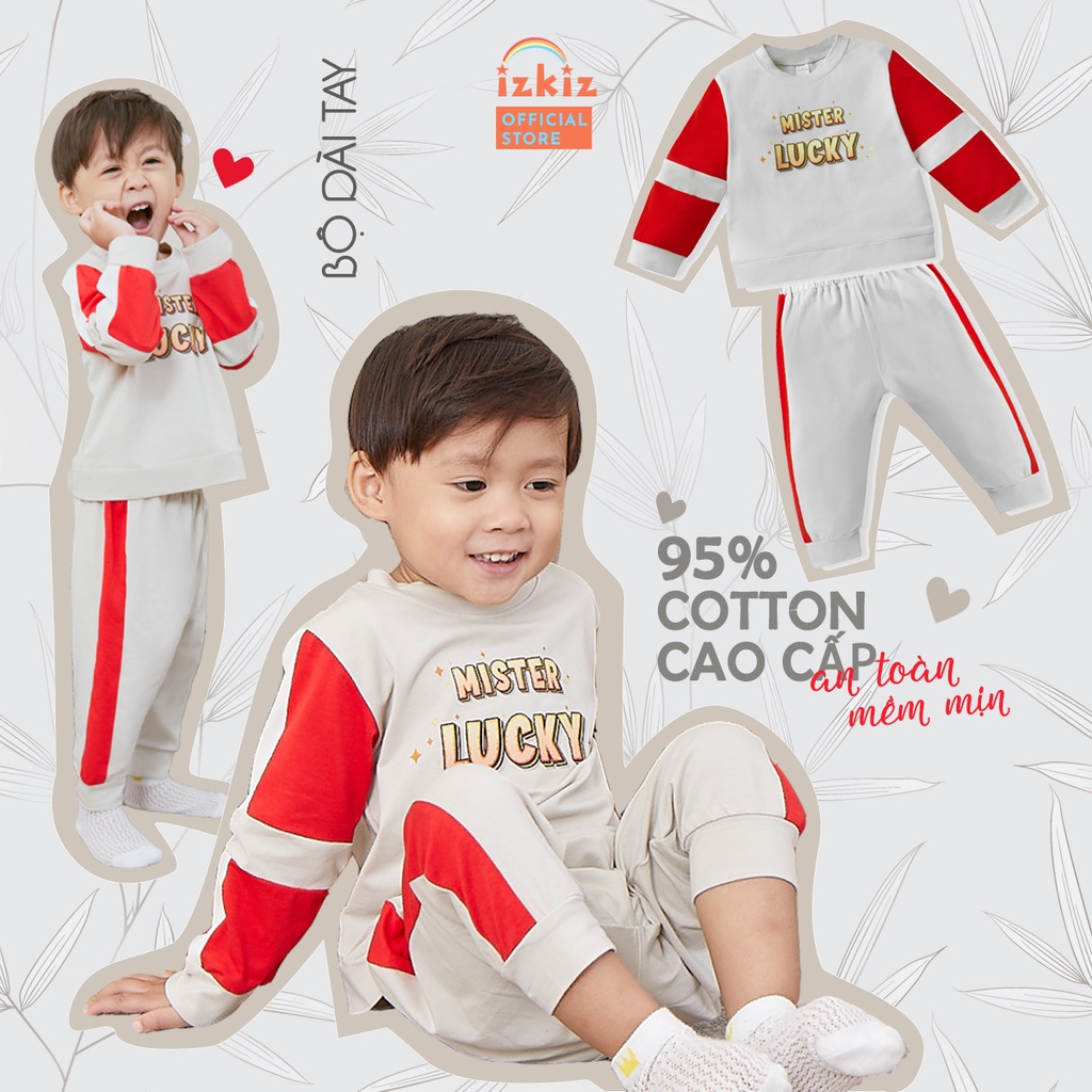 Đồ Bộ Bé Trai 7-16kg IZKIZ Thun Cotton Thoáng Mát Màu Xám Phối Đỏ