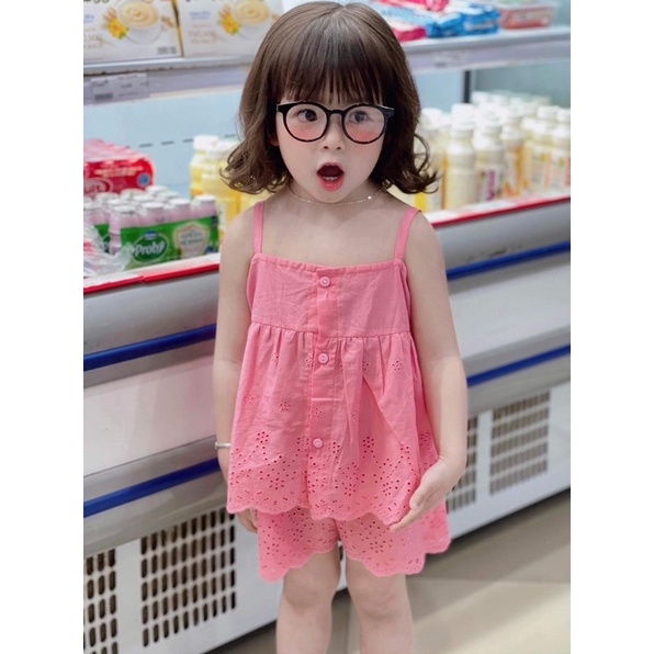 Set Áo 2 Dây Kèm Quần Chất Thô Thêu Cho Bé Gái Diện Hè