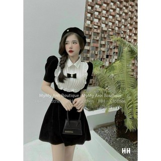 ĐẦM PHỐI CỔ BÈO DẬP LY ĐÍNH NƠ VÁY NGẮN NHUNG TUYẾT CAO CẤP