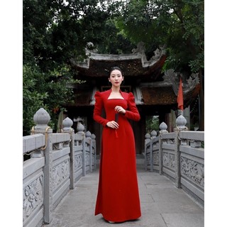 Áo dài cổ vuông tay bồng chất liệu lụa cao cấp