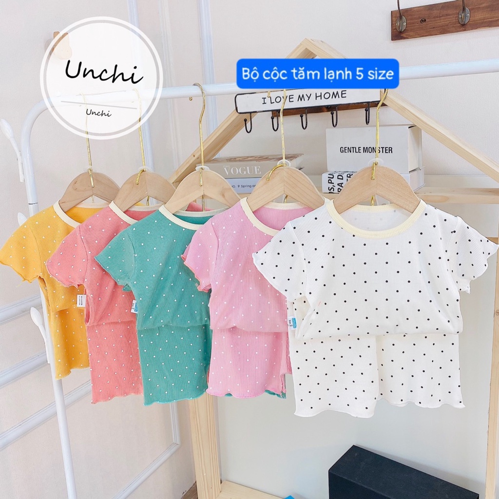 Bộ cộc UNCHI thun tăm chấm bi bé gái, chất thun tăm co giãn mát lạnh thấm hút mồ hôi