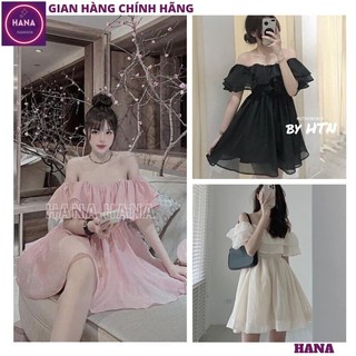 Váy công chúa voan tơ 2 lớp trễ vai tay bồng bánh bèo điệu đà, Đầm tiểu thư bèo vai phong cách hàn quốc ulazang - HANA