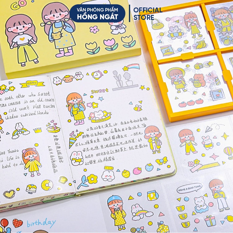 Hộp sticker 100 tấm hình dán cute trang trí sổ hình cô gái dễ thương đáng yêu giá rẻ STK07