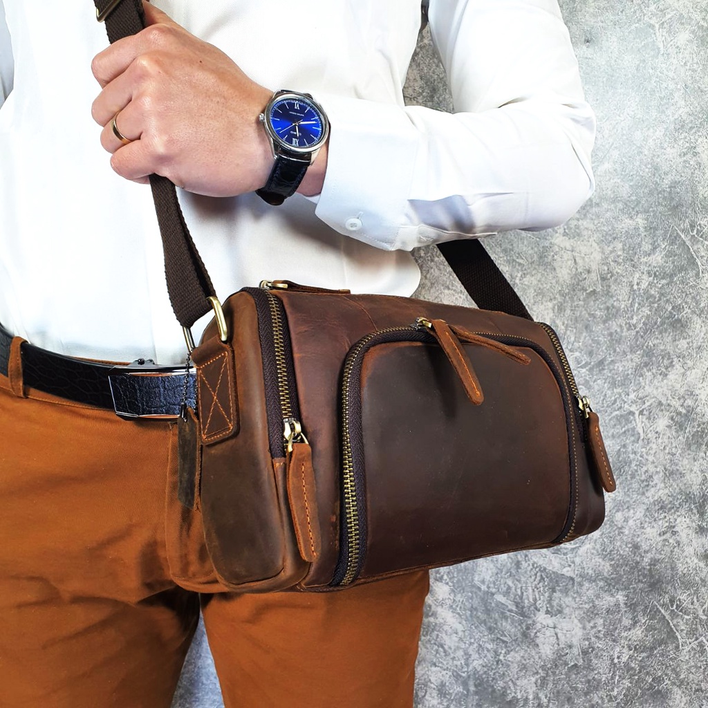 Túi đeo chéo nam da bò sáp; Túi trống nam TD120LEA  - 100% da thật, BH 3 năm