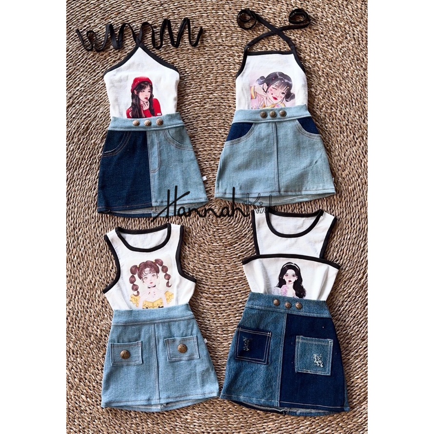 Set Áo Yếm Croptop Chân Váy Jeans Dễ Thương Cho Bé 8-25Kg, Set Váy Croptop Mùa Hè Cá Tính Cho Bé Gái HANNAH KIDS