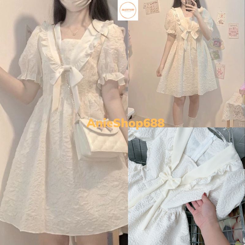 Đầm Babydoll Búp Bê Tay Phồng Đính Nơ Eo Thời Trang Phong cách Công Chúa Váy Nữ ,Váy Nơ Xốp ANIESHOP688