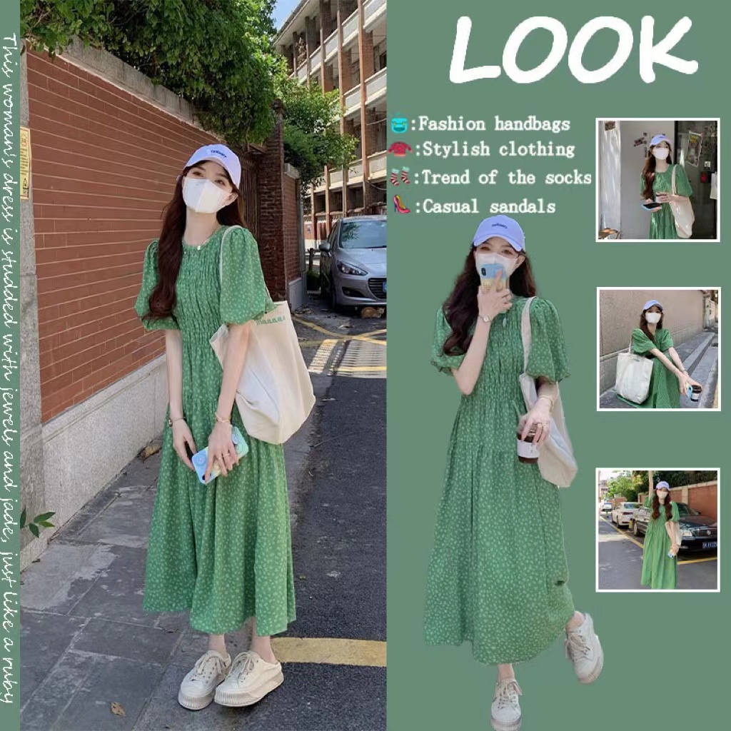 Váy babydoll Đầm Hoa Tay Phồng Cổ Tròn Thiết Kế Xếp Ly Phong Cách Hàn Quốc Thời Trang Mùa Hè 2022 Mới Cho Nữ