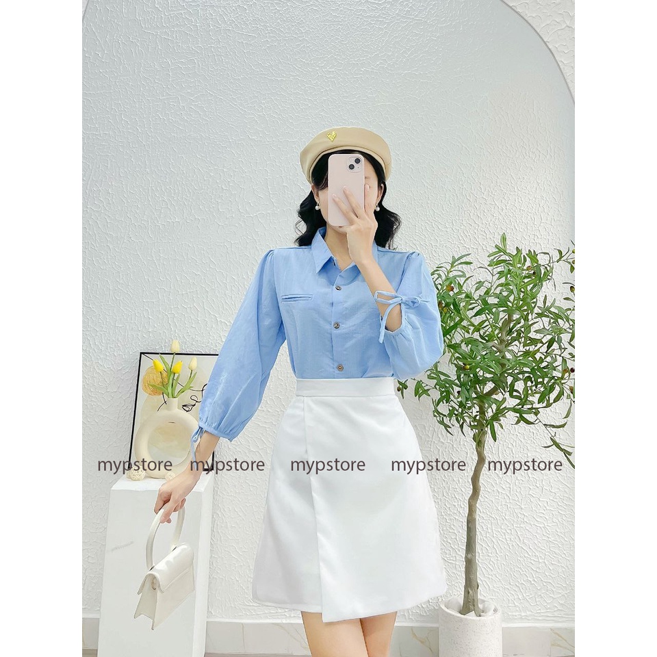 Áo sơ mi tay phồng cột nơ mypstore A49