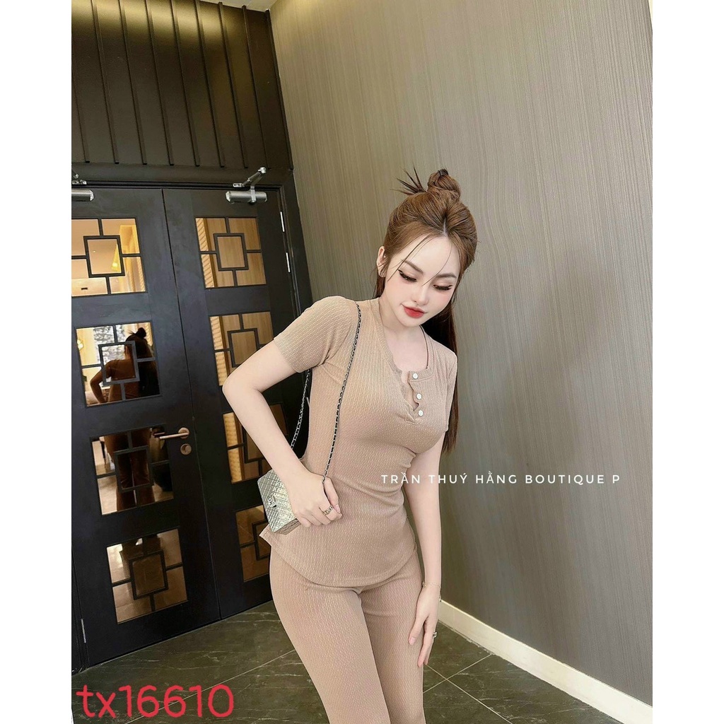 Set bộ nữ quần dài ống bass kèm áo tay ngắncổ tròn nút cực sang cho cô nàng năng động ba