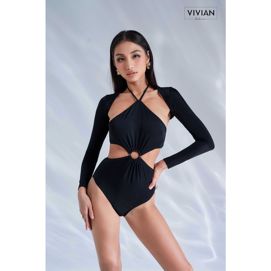 Đồ bơi nữ cao cấp 𝐕𝐈𝐕𝐈𝐀𝐍 dạng một mảnh yếm phối áo tay dài cover - Đen - VS187_BL