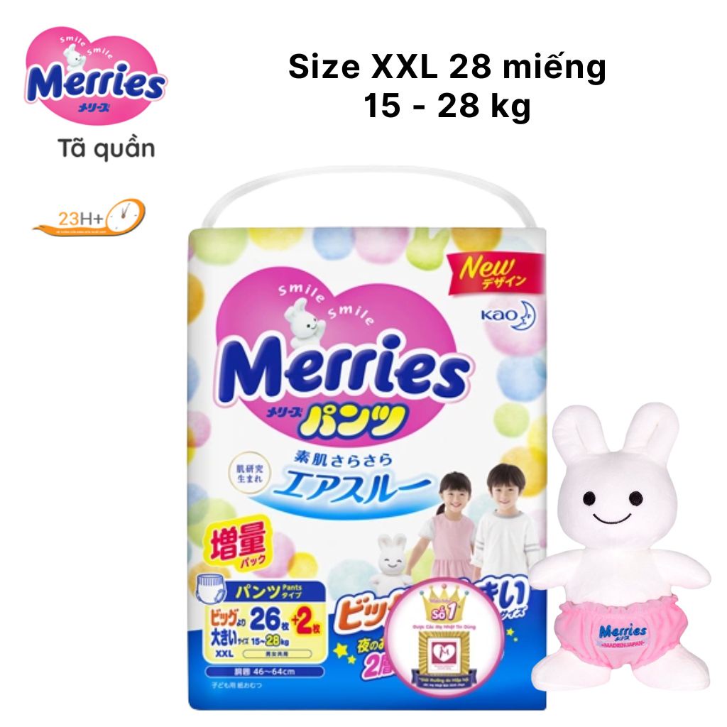 Tã/ bỉm dán Merries cộng miếng, Tã/ quần dán nội địa Nhật size XXL 26+2 (cho bé 15-28 kg)