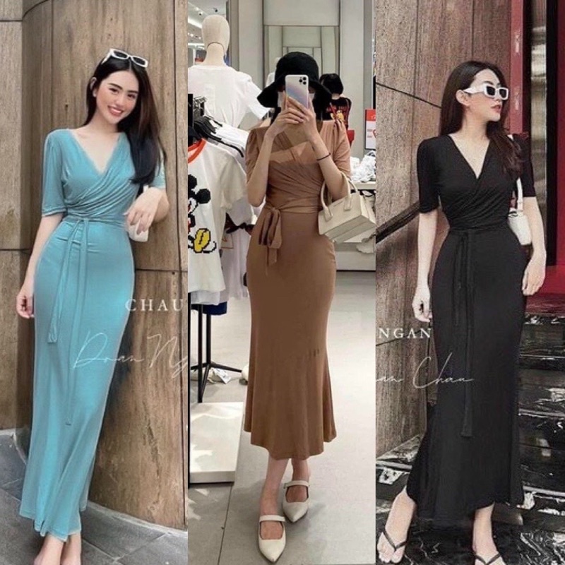 Đầm Tay Lỡ Cổ V Đắp Chéo Ngực Cột Dây Eo - Dáng Dài Maxi Ôm Body Sexy - Tiểu Thư Bánh Bèo Sang Chảnh - Thun Cotton Lụa
