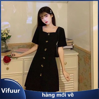 Đầm đen cổ vuông dễ thương phong cách hàn quốc