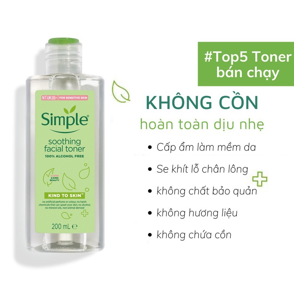 Nước hoa hồng Simple Toner Kind To Skin Soothing Facial không cồn 200ml