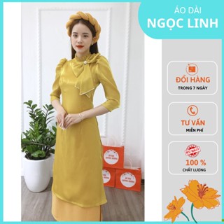  Áo Dài Truyền Thống Voan Tơ Màu Vàng Đính Nơ Cổ Chun Tay Lỡ Lụa Nhập Khẩu Cao Cấp-LT02 