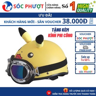Mũ bảo hiểm nửa đầu 1 2, nón bảo hiểm phượt thú pikachu tai gấu siêu hot tặng kính bảo hành 12 tháng - SÓC PHƯỢT