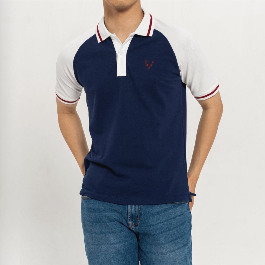 Áo Polo nam Massi 09 màu xanh navy phối cổ trắng vạch đỏ, chất liệu vải co giãn | BigBuy360 - bigbuy360.vn