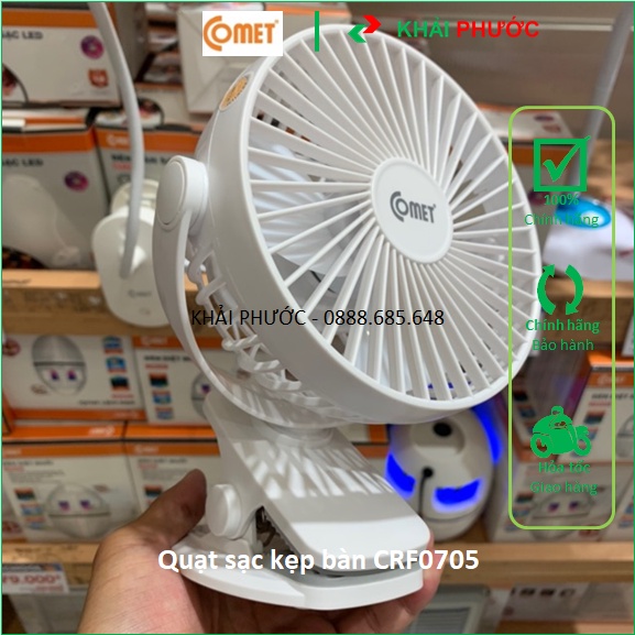 QUẠT SẠC TÍCH ĐIỆN CÓ ĐẾ RỜI ĐỂ BÀN HOẶC KẸP CÓ CỔNG SẠC USB 3 CHẾ ĐỘ 5W COMET CRF0705  - KHẢI PHƯỚC