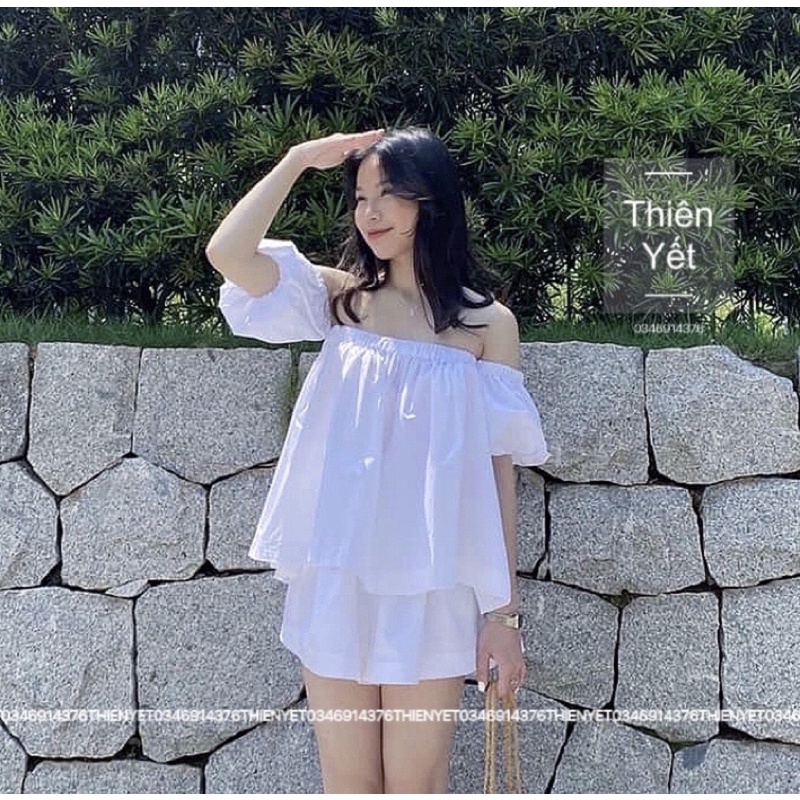 SÉT ÁO + QUẦN TAY PHỒNG RỘNG trễ vai tay ngắn quần đùi short chất kate voan siêu dễ thương cute cho Nữ | BigBuy360 - bigbuy360.vn