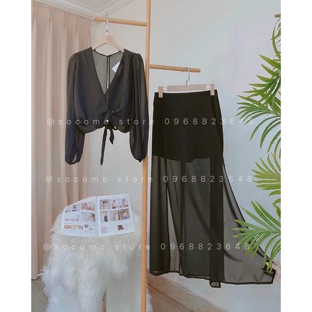 Áo tay dài cổ chữ V kèm chân váy dài xẻ tà cao sexy sang chảnh