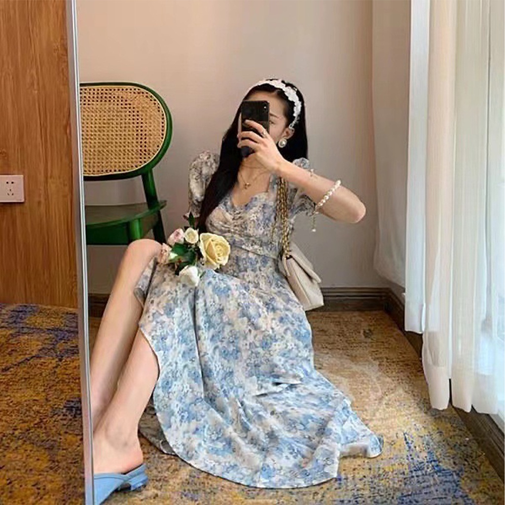Frontline Đầm Ôm Họa Tiết Hoa Nữ Tay Ngắn Dài Thiết Kế Xẻ Bên Cho Mùa Hè