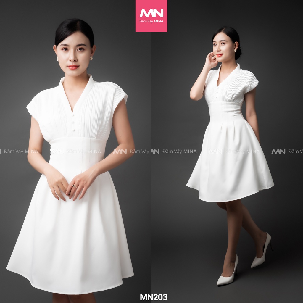 Đầm dự tiệc MINA dáng xoè mini cổ chữ V ngắn tay chất liệu Cotton phối dập ly sang trọng xinh đẹp đi chơi công sở MN203