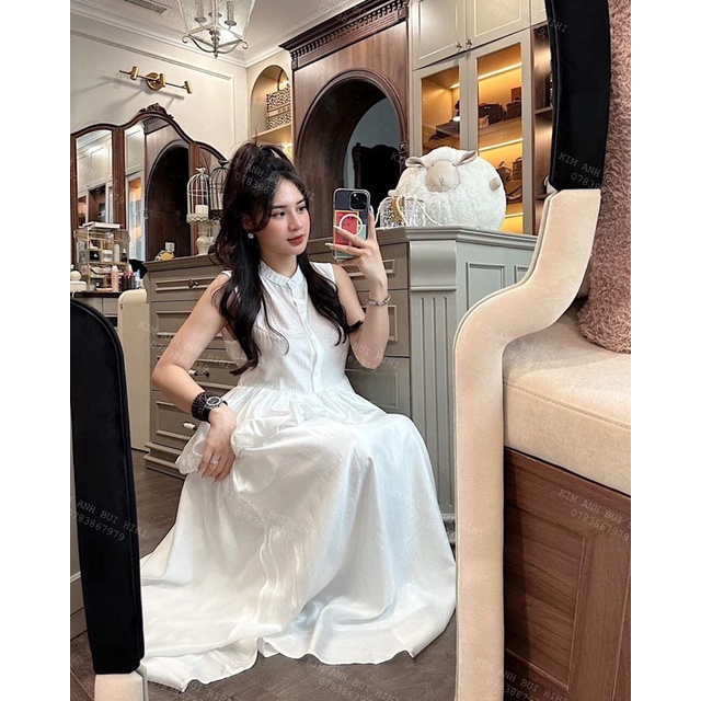 Set áo tơ pelum sát nách kèm chân váy dài Kim Anh Bùi