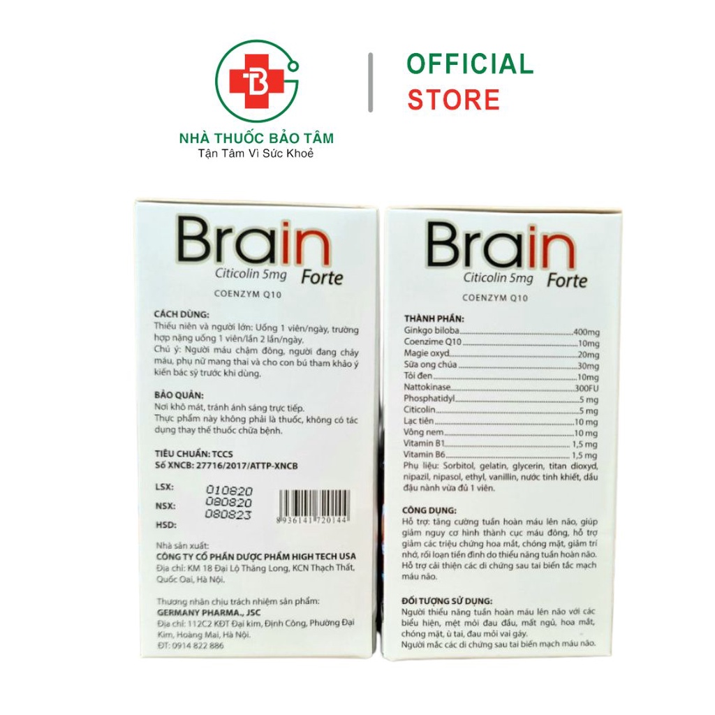 Viên Uống Brain Forte giúp bổ sung dưỡng chất cho não, phòng ngừa tai biến, chóng mặt ù tai - Hộp 30 viên
