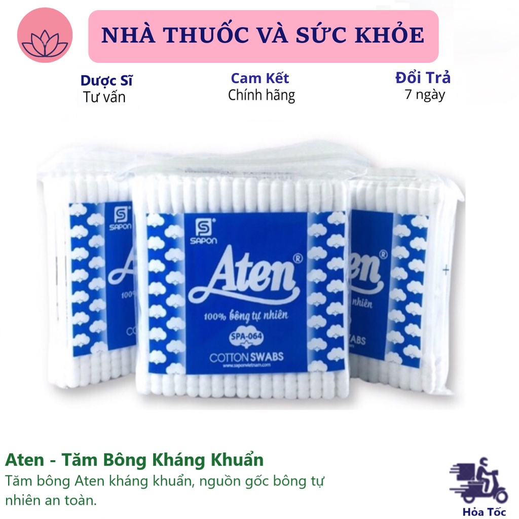 Bông ngoáy tai người lớn Aten chăm sóc tai mũi họng, đầu bông tự nhiên 100%, kháng khuẩn tuyệt đối