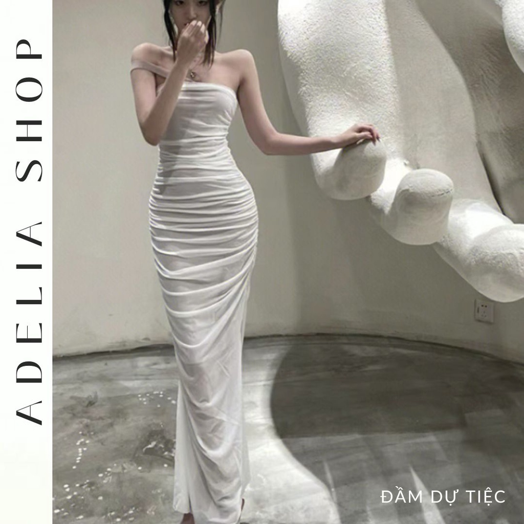 「ADELIA」Đầm Trắng Dự Tiệc Tiểu Thư Dáng Dài Có Đệm Ngực Dáng Xòe 2 Lớp Hàng Quảng Châu