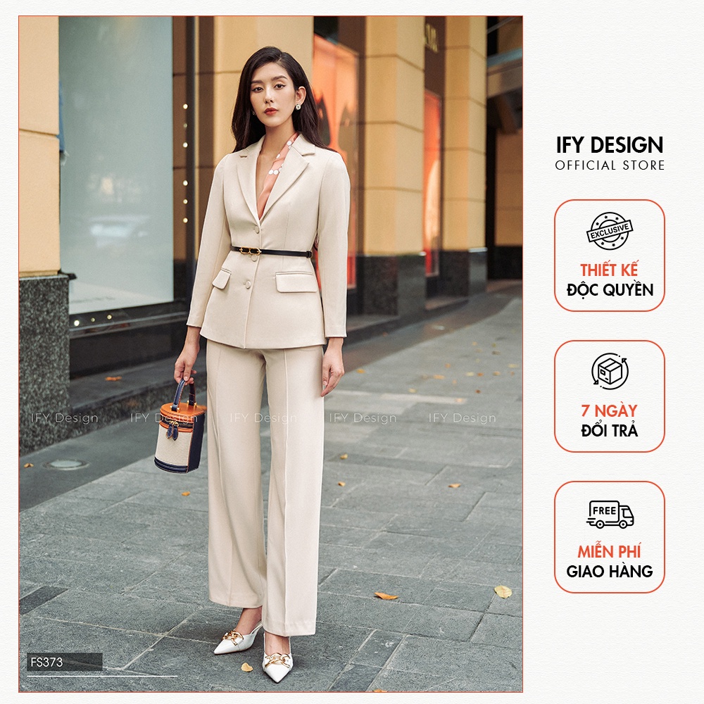 Set áo vest nữ dáng ôm dài tay mở cúc trước, quần ống suông mở khóa sườn cao cấp thương hiệu IFY DESIGN - FS373