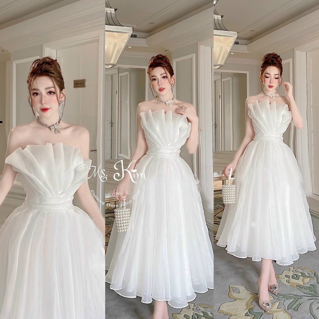 Đầm váy nữ dự tiệc cúp ngực xếp ly dáng xòe thân dài với tone trắng tinh khôi sang trọng, lịch sự