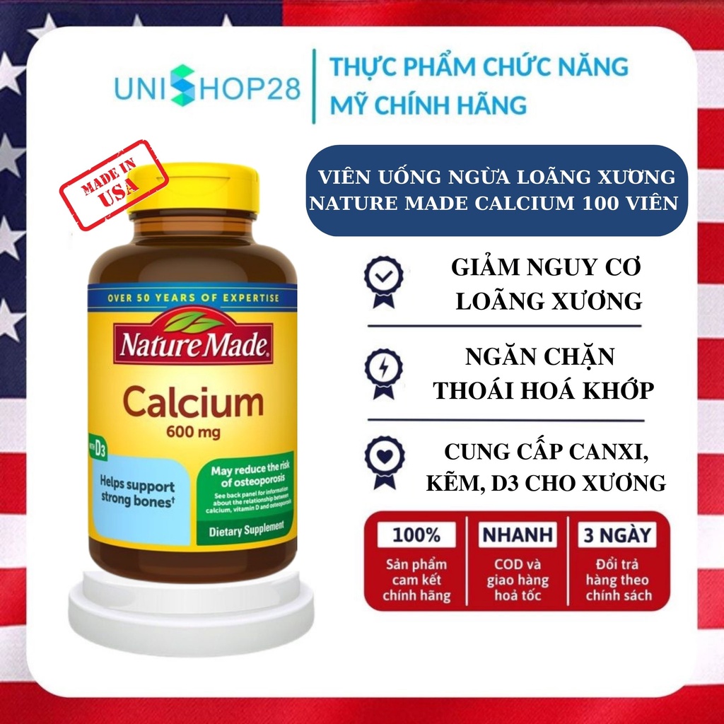 Viên uống cung cấp canxi, ngừa loãng xương NATURE MADE CALCIUM 600MG WITH VITAMIN D3 LOẠI 100 VIÊN Unishop28