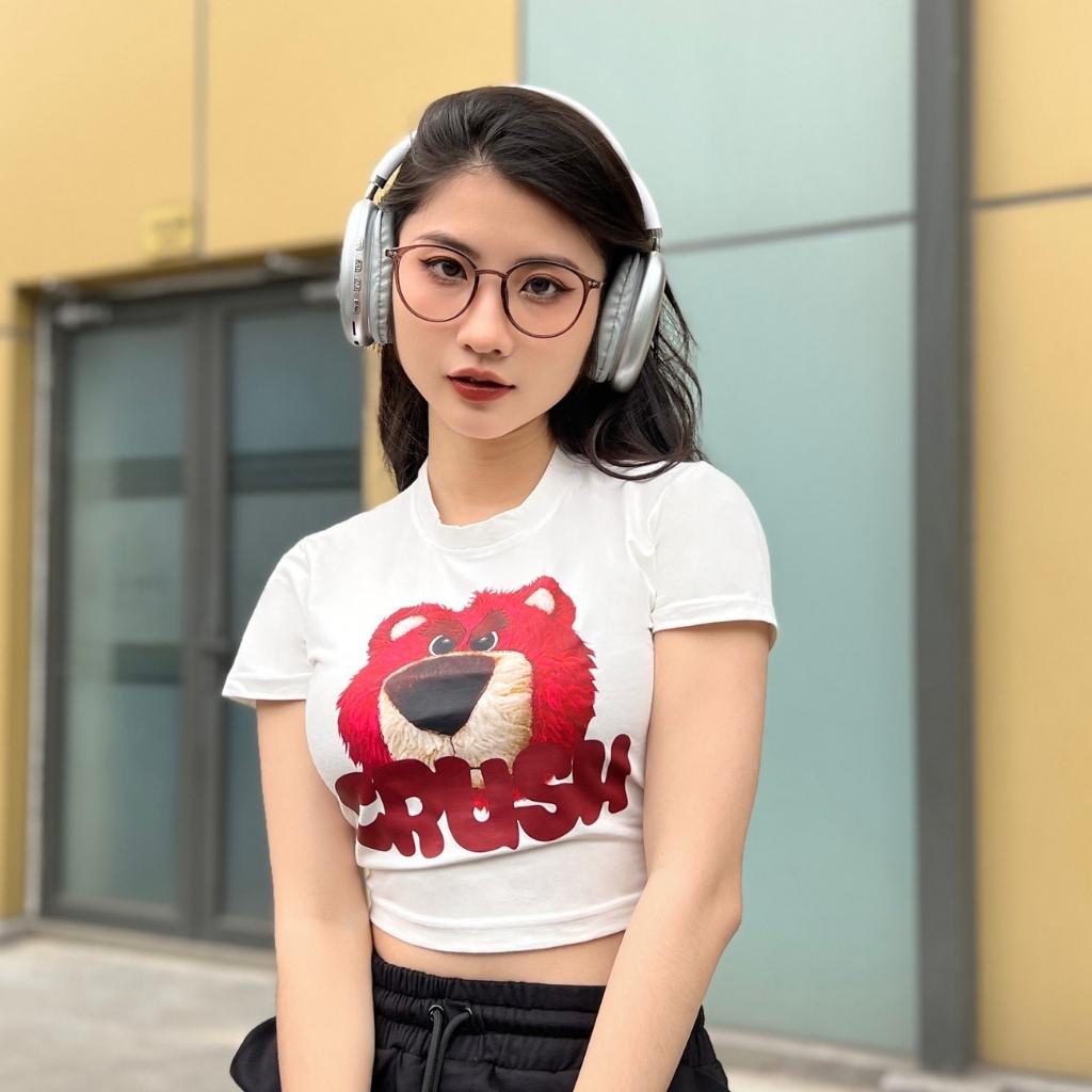 Áo croptop nữ ngắn tay in hoạ tiết Gấu dâu Xquin, Áo kiểu nữ ngắn tay cổ tròn phong cách Hàn Quốc