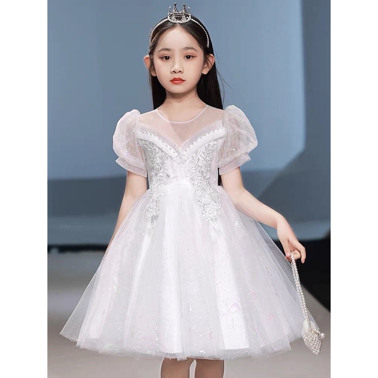 Váy Đầm công chúa ren trắng voan tơ thêu hoa đính ngọc cao cấp cho bé gái 8kg đến 40kg