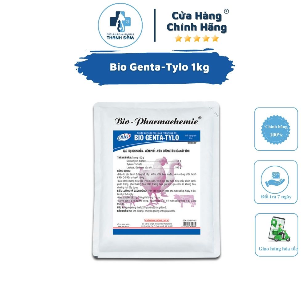 BIO GENTA TYLO 100G Thuốc bột hoà tan hoặc trộn thức ăn đặc trị hen suyễn, viêm phổi, viêm đường tiêu hoá cấp tính