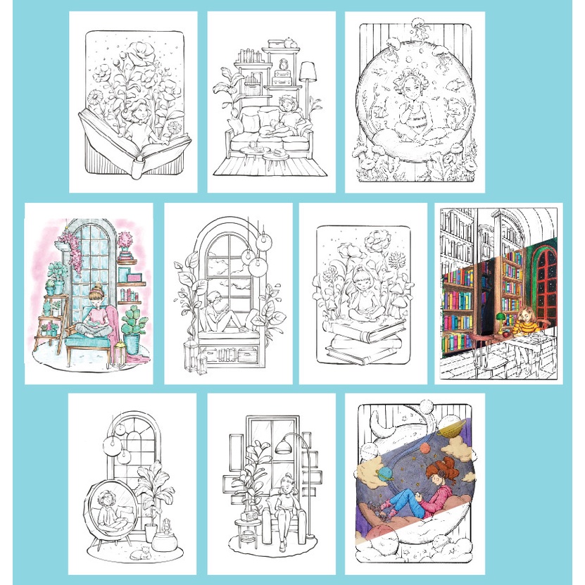 Bộ tranh tô màu nước Ggirl and book