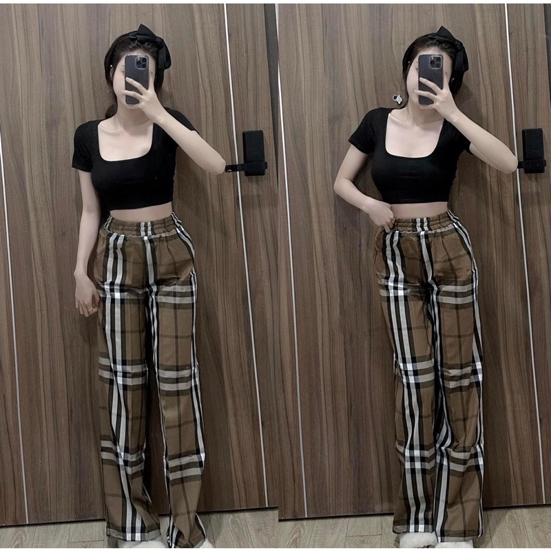 Set áo thun cổ U mix quần thô kẻ bbr