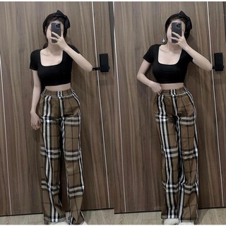 Set áo thun cổ U mix quần thô kẻ bbr