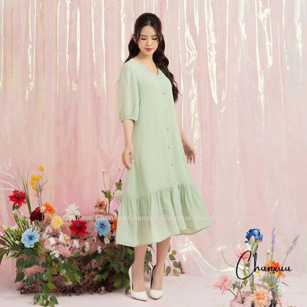 Váy nữ cổ V dáng suông đuôi cá 2 lớp thiết kế thanh lịch chất tơ cao cấp ChunXuu V20