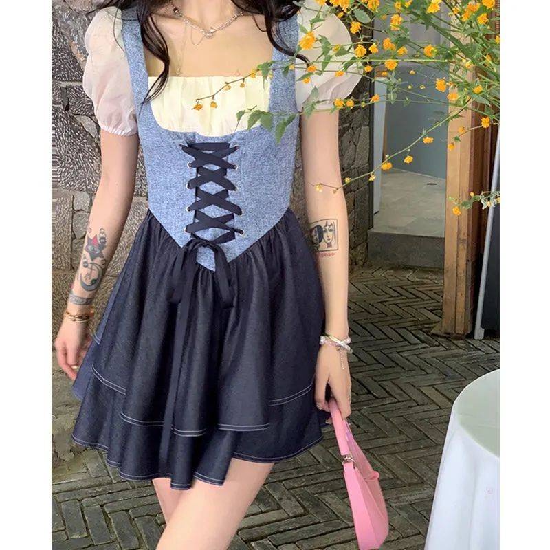 Váy babydoll đâm babydoll đâm du tiec Đầm Ngắn Cổ Vuông Tay Phồng Giả Hai Lớp Thời Trang Mùa Hè Cho Nữ