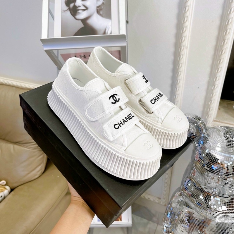 Giày thể thao nữ quai dán màu trắng chữ logo C C Nguyên hộp hãng cao cấp