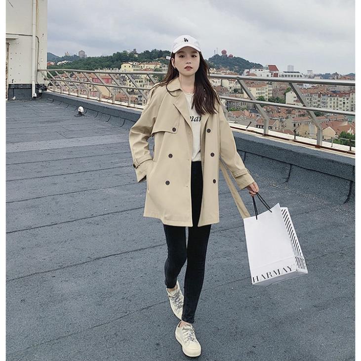 HFASHION Áo Manto Nữ Dáng Ngắn Dây Eo, Áo Khoác Nữ Kaki Dạ 2 Lớp Cúc Cài 2 Màu G143
