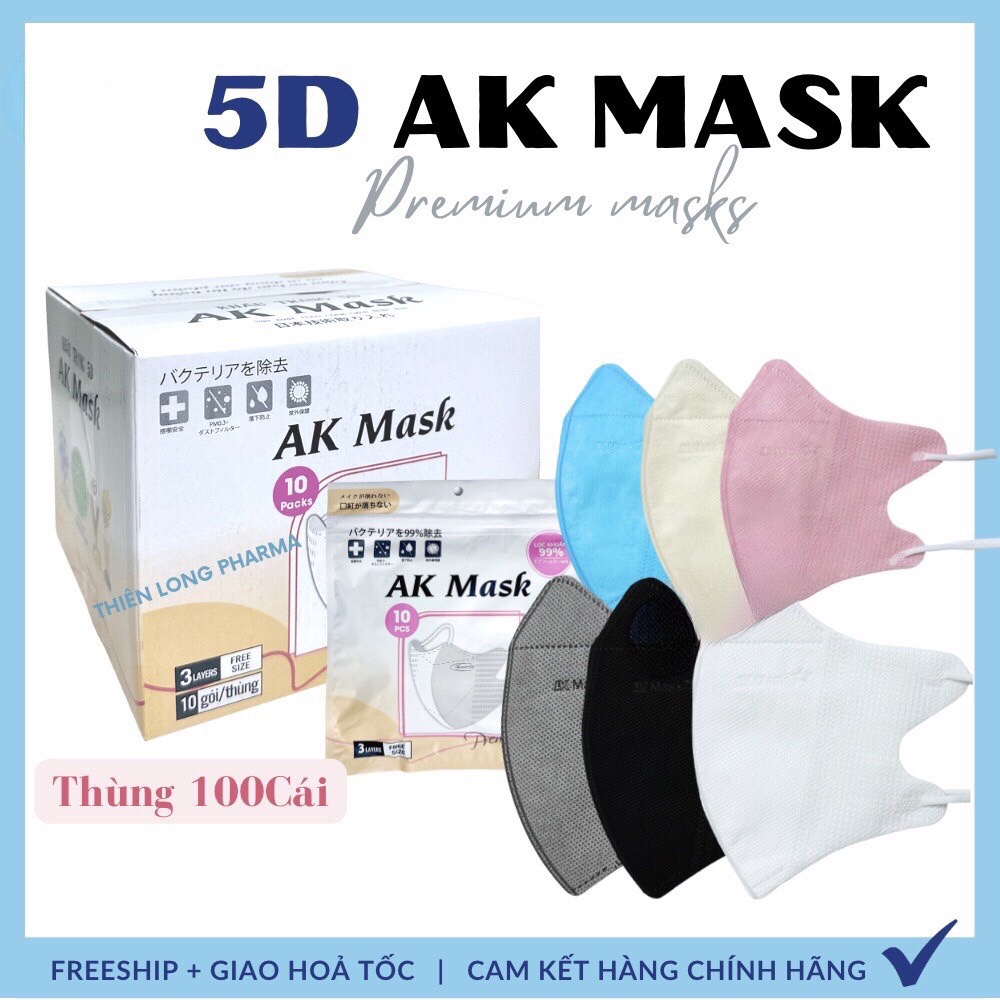 [ Thùng 100 Cái] Khẩu trang 5D AK Mask 3 lớp kháng khuẩn kiểu dáng thời trang hàng chính hãng