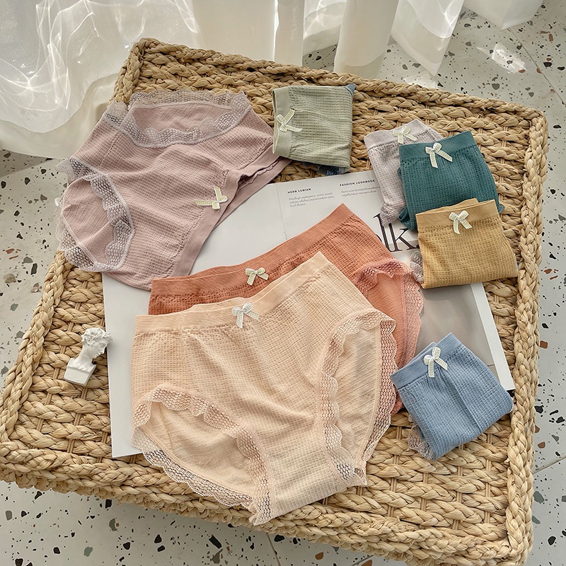 Quần Lót Nữ Cotton Dệt Kim 100% kháng khuẩn thoáng mát đính nơ xinh phối viền ren siêu tôn dáng mẫu 714