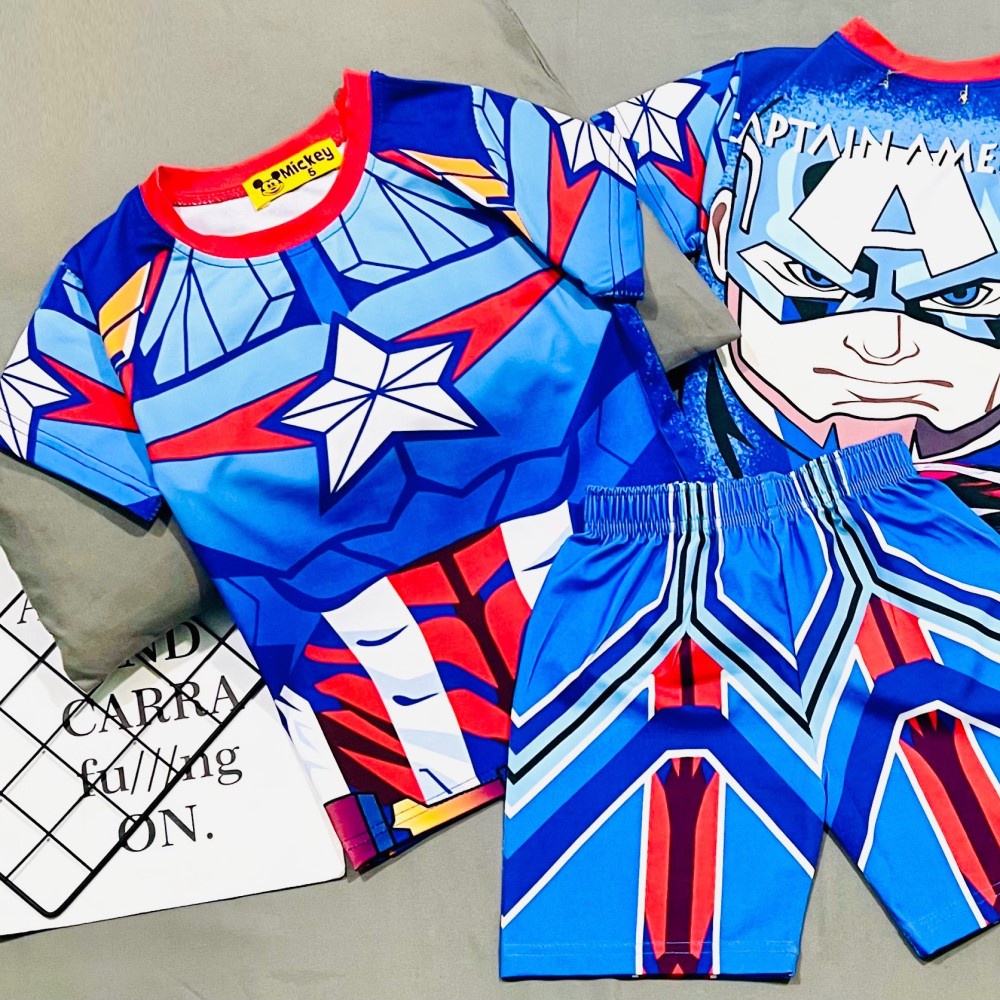 Bộ quần áo siêu nhân chất thun lạnh in 3D cho bé 9-18 kg